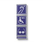 Пиктограмма тактильная, модульная "Доступность объектов для инвалидов по зрению и по слуху, а также в креслах-колясках", с наклонным синем полем, трехсекционная